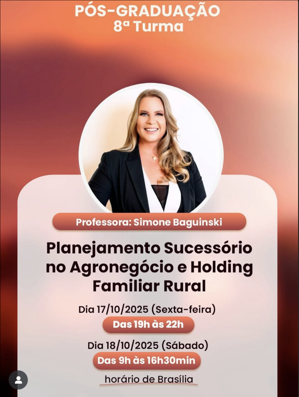 Curso de pós-graduação Planejmanto sucessório no agronegócio, holding rural e familiar agenda Agenda Captura de Tela 2025 10 15 as 19
